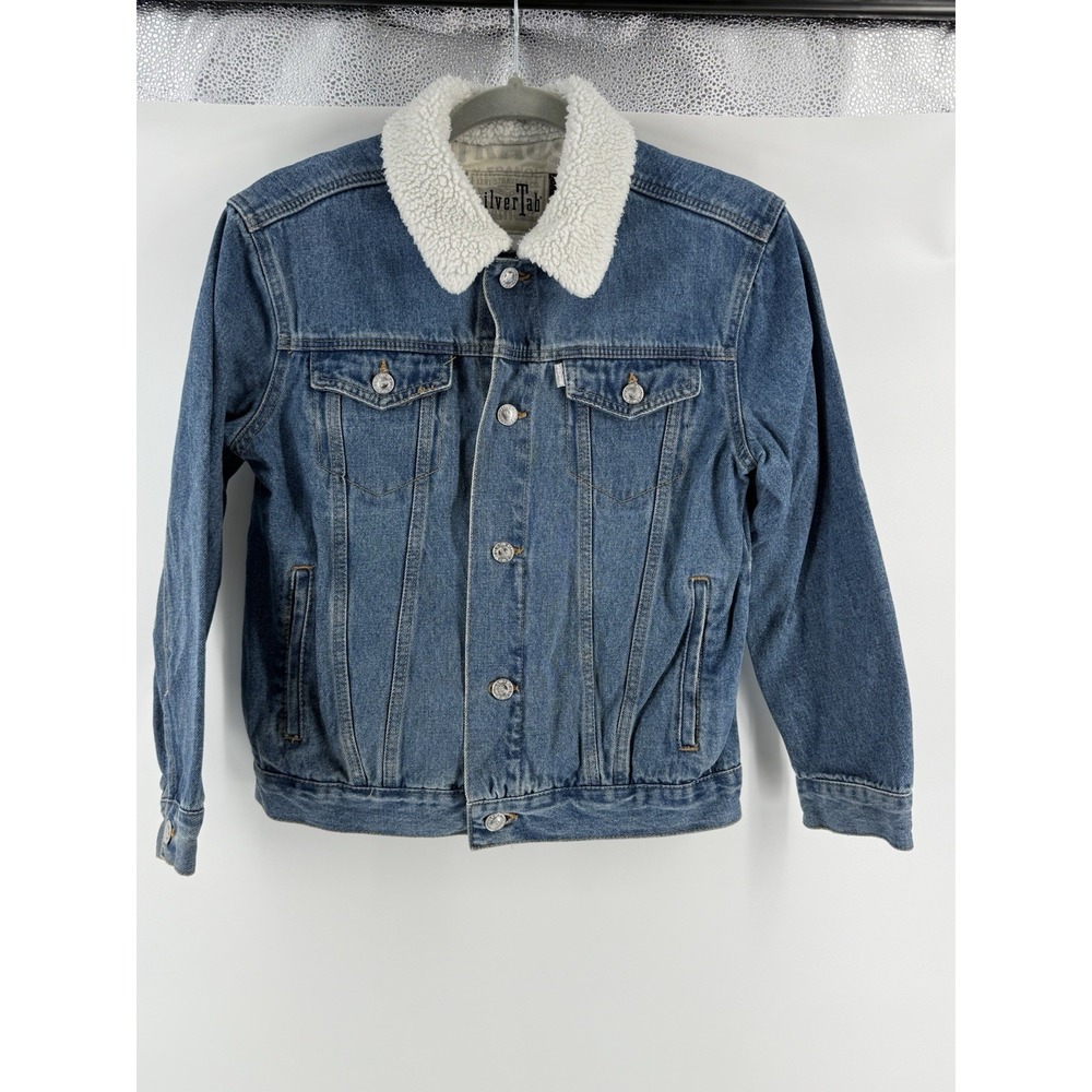 VTG Levi's Silver Tab Trucker Jean Jacket Youth 10-12 yrs Denim Sherpa‎ Collar